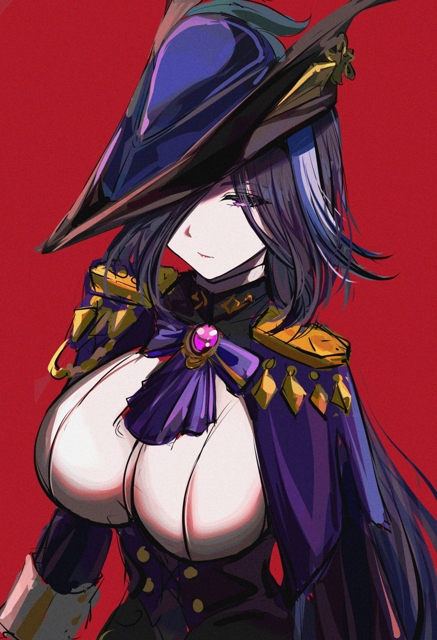 1girl absurdres ascot breasts brooch capelet clorinde_(genshin_impact) commentary epaulettes genshin_impact hair_over_one_eye hat highres jewelry large_breasts long_hair looking_at_viewer purple_ascot purple_capelet purple_eyes purple_hair red_background ritou08 shirt simple_background solo tricorne upper_body very_long_hair white_shirt