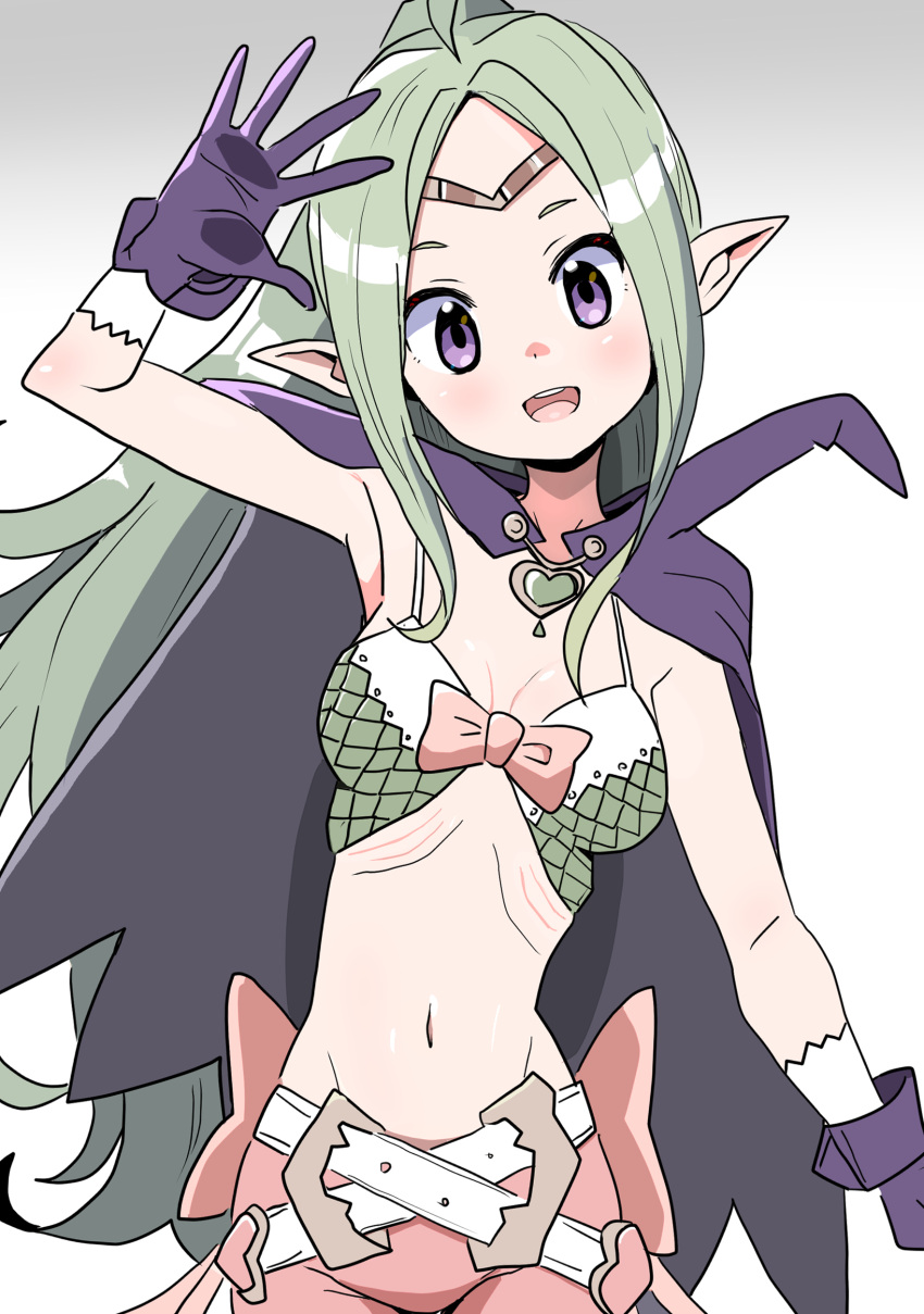 1girl :d absurdres ahoge arm_up armpits bandeau belt bow breasts brooch cape circlet detesu fire_emblem fire_emblem_awakening gloves green_hair heart highres jewelry long_hair narrow_waist navel nowi_(fire_emblem) pink_bow pink_shorts pointy_ears ponytail purple_cape purple_eyes purple_gloves short_shorts shorts sidelocks small_breasts smile solo waving white_background white_belt