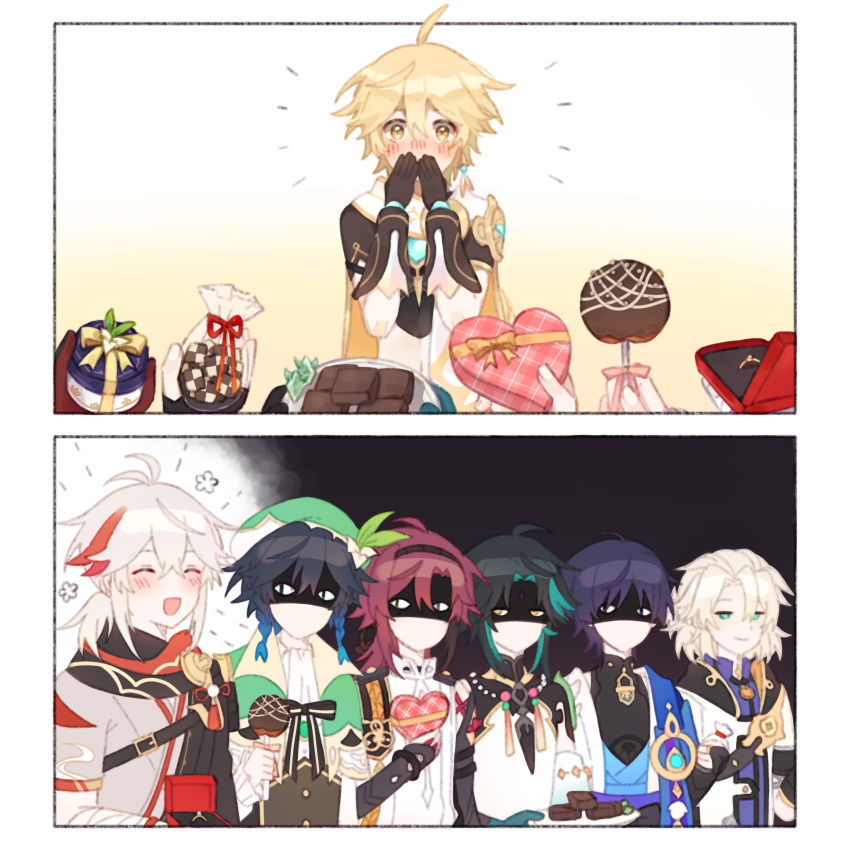 6+boys aether_(genshin_impact) ahoge albedo_(genshin_impact) antenna_hair aqua_eyes aqua_hair arm_armor arm_tattoo armor asymmetrical_sleeves bag bandaged_arm bandages belt beret black_background black_belt black_bow black_bowtie black_choker black_eyes black_hair black_hairband black_scarf black_shirt blonde_hair blue_cape blue_gemstone blue_gloves blue_hair blush bow bowtie box box_of_chocolates braid brown_corset brown_gloves brown_shirt brownie_(food) buttons candy cape chocolate choker closed_eyes collared_cape collared_shirt corset covering_own_mouth detached_sleeves earrings english_commentary facial_mark fingernails flower food forehead_mark french_braid gem genshin_impact gloves gold_ring gold_trim gradient_background gradient_hair green_cape green_gemstone green_hat grey_hair grey_shirt hair_between_eyes hairband half-closed_eyes hand_up hands_up happy hat hat_flower hat_ornament heart-shaped_box highres holding holding_bag holding_box holding_plate hood hoodie japanese_clothes jealous jewelry kaedehara_kazuha kyou_0120 leaf leaf_hat_ornament long_hair long_sleeves looking_at_another male_focus mandarin_collar mismatched_sleeves multicolored_hair multiple_boys necklace no_headwear no_mouth open_clothes open_hoodie open_mouth open_vest orange_bow orange_eyes orange_gemstone pearl_necklace pink_bow plate pom_pom_(clothes) ponytail puffy_long_sleeves puffy_sleeves purple_belt purple_eyes purple_hair purple_shirt red_hair red_ribbon red_scarf ribbon ring ring_box scar scar_on_neck scaramouche_(genshin_impact) scarf shaded_face shikanoin_heizou shirt short_hair short_ponytail short_sleeves shoulder_armor sidelocks simple_background single_bare_shoulder single_detached_sleeve single_earring sleeveless sleeveless_shirt smile smug standing striped_bow striped_bowtie striped_clothes tassel tattoo twin_braids two-sided_cape two-sided_fabric two-tone_hair two-tone_shirt venti_(genshin_impact) vest vision_(genshin_impact) wanderer_(genshin_impact) wedding_ring white_background white_flower white_hair white_hoodie white_scarf white_shirt white_vest wide_sleeves wing_collar xiao_(genshin_impact) yaoi yellow_background yellow_bow yellow_cape yellow_eyes