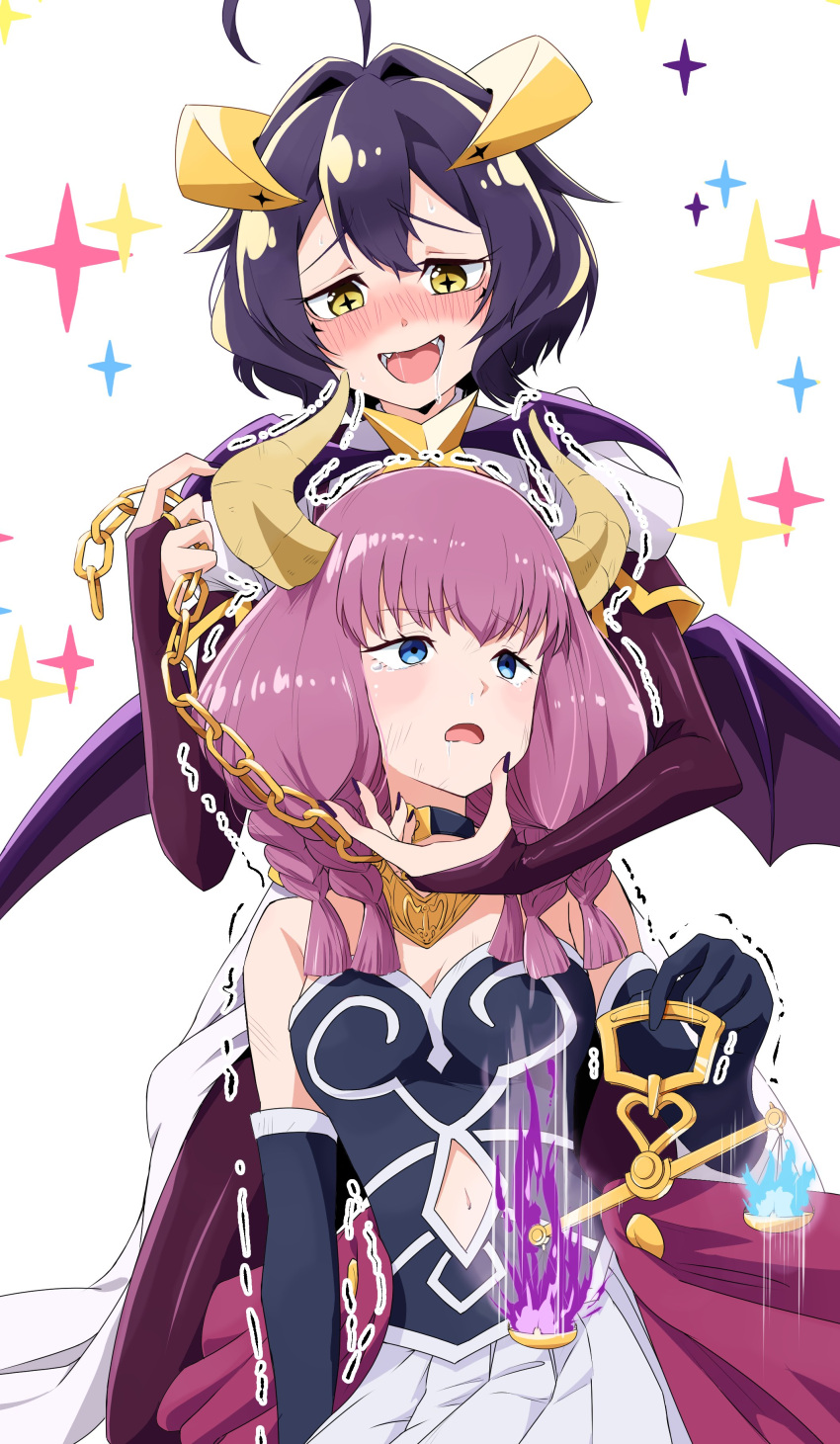 2girls :d absurdres ahoge aura_(sousou_no_frieren) aura_bullying_(meme) balance_scale blue_eyes blush braid breastless_clothes breasts bridal_gauntlets chain commentary_request cowboy_shot crossover demon_girl demon_horns elbow_gloves forward_facing_horns furrowed_brow gloves hand_up highres hiiragi_utena holding_scale horns jewelry keijirou_(mukunozaltusou) long_hair looking_at_viewer magia_baiser mahou_shoujo_ni_akogarete meme multiple_girls necklace nose_blush open_mouth pleated_skirt purple_hair saliva skirt smile sousou_no_frieren symbol-shaped_pupils tearing_up trembling weighing_scale white_skirt yellow_eyes