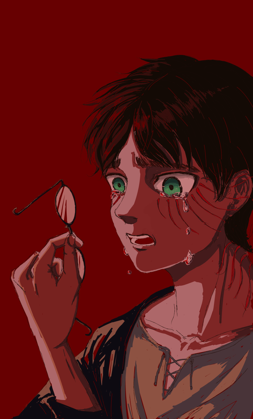 1boy absurdres black_hair crying derivative_work eren_yeager glasses green_eyes hand_up highres holding holding_removed_eyewear mimi_(61743952) portrait red_background sad sanpaku screenshot_redraw shingeki_no_kyojin short_hair solo tareme unworn_eyewear