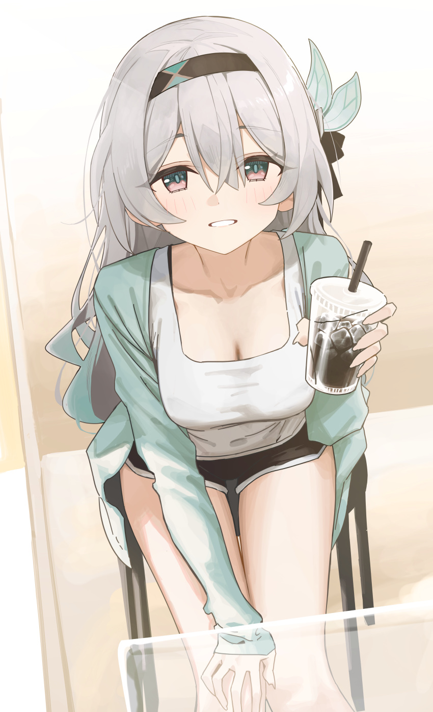 1girl absurdres alternate_costume aqua_jacket black_hairband black_shorts breasts cleavage collarbone cup disposable_cup dolphin_shorts firefly_(honkai:_star_rail) from_above hair_between_eyes hair_ornament hairband highres holding holding_cup honkai:_star_rail honkai_(series) jacket light_blush long_hair long_sleeves looking_at_viewer medium_breasts on_chair open_clothes open_jacket red_eyes shirt shorts sitting sleeves_past_wrists smile solo syhan white_hair white_shirt