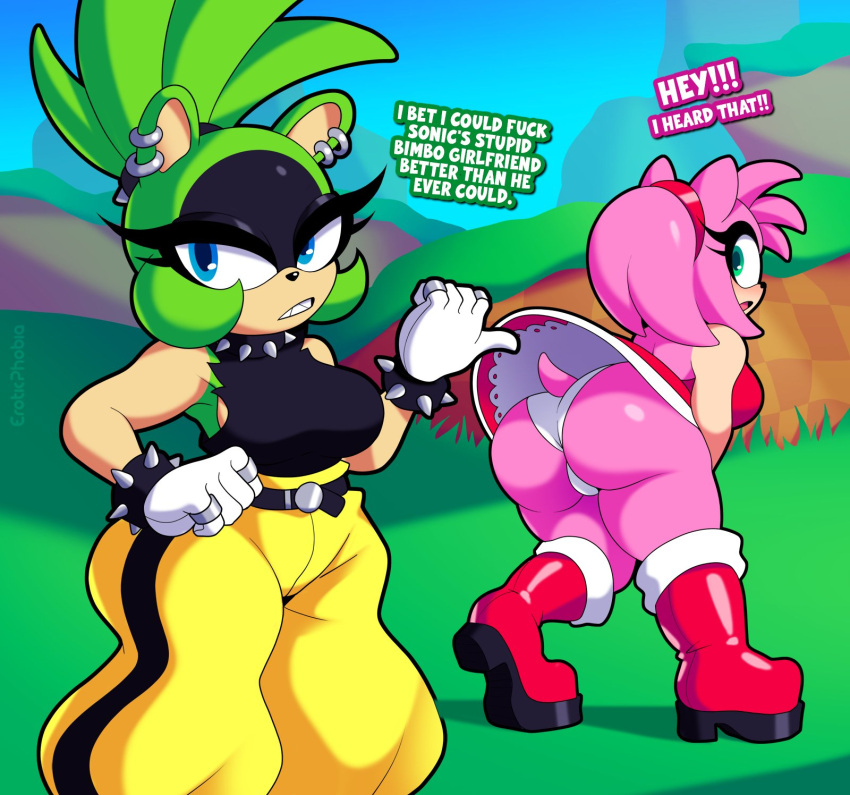 afrosoricid amy_rose anthro bent_over big_breasts big_butt blue_eyes boots bottomwear bracelet breaking_the_fourth_wall breasts butt clothed clothing collar dialogue dress duo ear_piercing ear_ring eroticphobia eulipotyphlan female footwear gesture gloves green_body green_eyes green_hair green_hill_zone gynomorph hair hand_gesture handwear hedgehog hi_res idw_publishing insult intersex jewelry looking_at_viewer looking_back mammal panties pants piercing pink_body pink_hair pointing profanity ring ring_piercing sega sharp_teeth shirt sonic_the_hedgehog_(comics) sonic_the_hedgehog_(idw) sonic_the_hedgehog_(series) spiked_bracelet spiked_collar spikes surge_the_tenrec talking_to_viewer teeth tenrec thick_thighs topwear underwear upskirt wide_hips