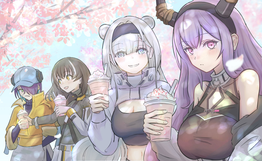 4girls :d absurdres animal_ears arknights asbestos_(arknights) aurora_(arknights) bare_shoulders baseball_cap bear_ears black_hair black_hairband black_shirt blue_eyes blue_hair blue_hat blue_sky blush branch breasts cleavage closed_mouth commentary_request cup day disposable_cup drinking_straw eyes_visible_through_hair green_eyes grey_hair grey_shirt hair_between_eyes hair_ornament hair_over_one_eye hairband hairclip hat headphones_over_headwear highres holding holding_cup horns jacket large_breasts long_hair long_sleeves magallan_(arknights) medium_breasts midriff multicolored_hair multiple_girls navel oroshi_(oroshi_dr) outdoors pink_eyes puffy_long_sleeves puffy_sleeves purple_hair shirt shrug_(clothing) sky smile streaked_hair two-tone_hair typhon_(arknights) upper_body very_long_hair white_hair yellow_eyes yellow_jacket