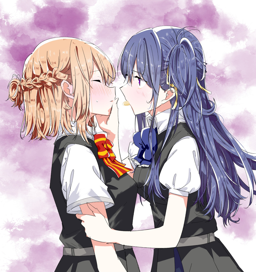 2girls absurdres black_dress blue_bow blue_bowtie blue_hair blush bow bowtie braid closed_eyes collared_shirt commentary_request dress enshu_suruga finger_to_another's_mouth food_in_mouth french_braid hair_ribbon hand_on_another's_arm hand_on_another's_face highres izumi_shiho kino_himari long_hair looking_at_another medium_hair multiple_girls one_side_up orange_hair parted_lips pinafore_dress purple_background purple_eyes red_bow red_bowtie ribbon sasayaku_you_ni_koi_wo_utau school_uniform shirt short_sleeves sleeveless sleeveless_dress sweatdrop two-tone_background upper_body white_background white_shirt yellow_ribbon yuri