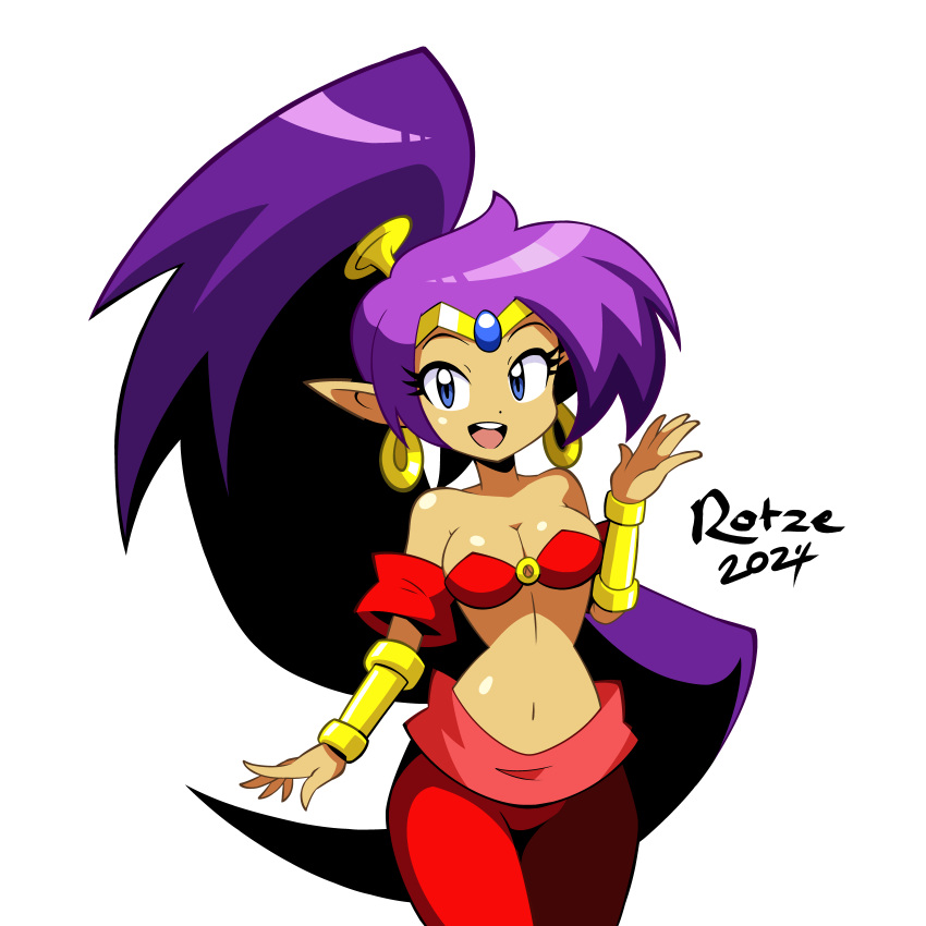 2024 absurd_res blue_eyes breasts cleavage clothed clothing ear_piercing ear_ring female genie hair hi_res humanoid humanoid_pointy_ears long_hair looking_at_viewer not_furry open_mouth open_smile piercing ponytail purple_hair ring_piercing rotzedust shantae shantae_(series) signature simple_background smile solo tan_body tan_skin wayforward