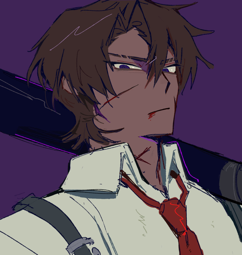 1boy baseball_bat brown_hair collared_shirt heathcliff_(project_moon) highres limbus_company necktie official_art parted_bangs portrait project_moon purple_background purple_eyes red_necktie shirt simple_background solo vellmori white_shirt