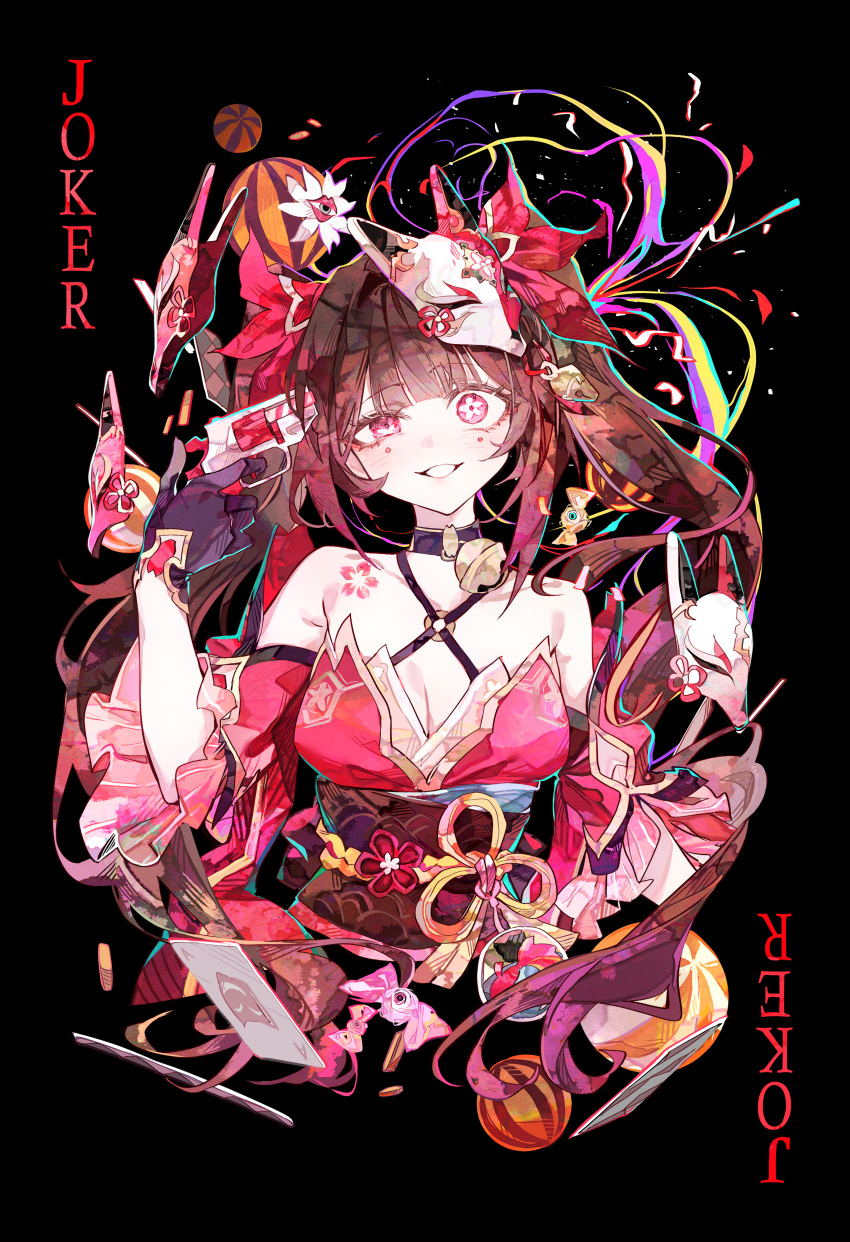 1girl absurdres bare_shoulders black_background black_gloves black_hair black_sash breasts butterfly-shaped_pupils card cleavage cocoballking commentary_request detached_sleeves dress flower-shaped_pupils flower_tattoo fox_mask gloves gun gun_to_head highres holding holding_gun holding_weapon honkai:_star_rail honkai_(series) joker_(playing_card) long_hair looking_at_viewer mask mask_on_head medium_breasts mismatched_pupils mole mole_under_each_eye mole_under_eye multiple_moles obi playing_card red_dress sash single_glove smile solo sparkle_(honkai:_star_rail) symbol-shaped_pupils tattoo twintails upper_body weapon