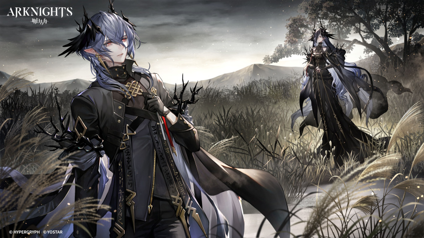 1boy 1girl absurdres arknights black_dress black_gloves dress earrings feather_hair_ornament feathers gloves grasslands grey_hair hair_ornament hand_on_own_chest highres horns jewelry light_particles logo logos'_mother_(arknights) logos_(arknights) long_hair mountainous_horizon official_art pointy_ears red_eyes ribbon scenery senano-yu tree veil wheat wheat_field