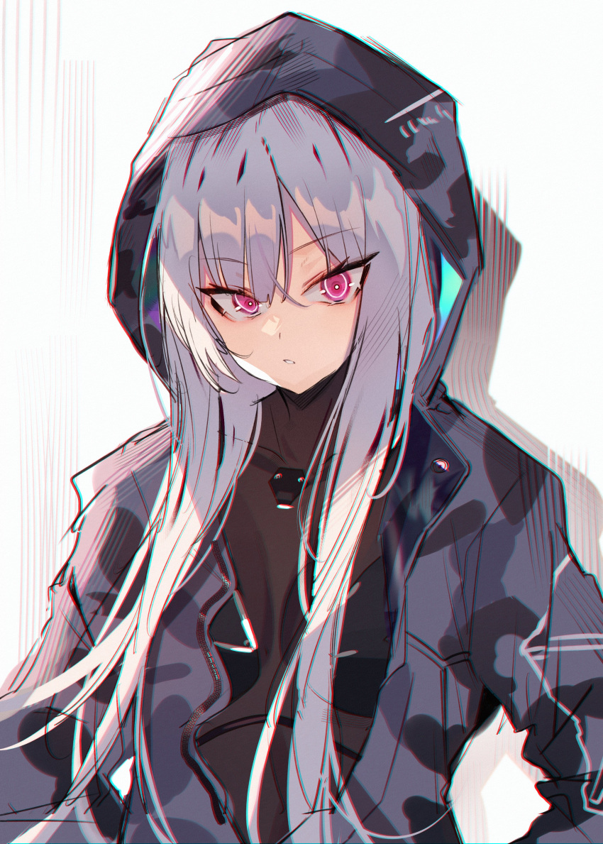 1girl absurdres ak-12_(faint_light_of_furthest_day)_(girls'_frontline) ak-12_(girls'_frontline) black_bodysuit bodysuit camouflage camouflage_jacket girls'_frontline grey_hair grey_jacket highres hood hood_up hooded_jacket jacket long_hair looking_at_viewer open_clothes open_jacket purple_eyes simple_background solo soukou_makura upper_body
