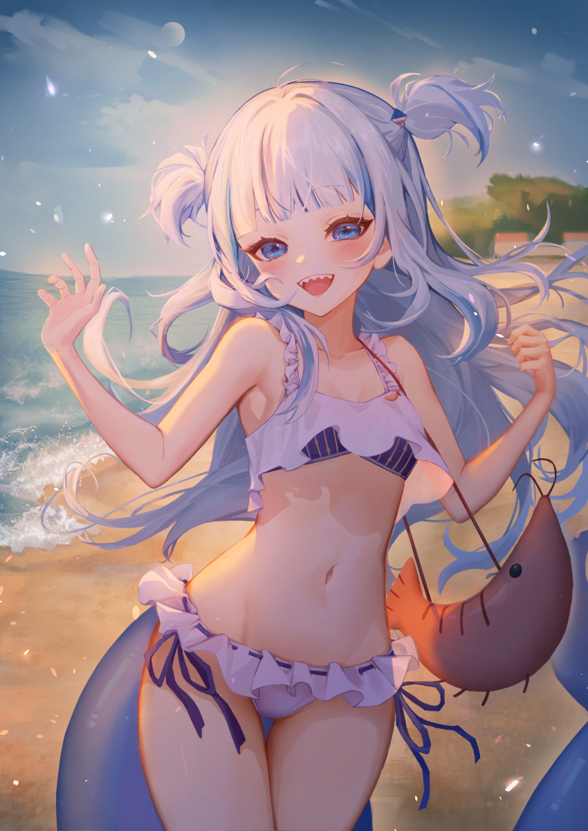 1girl absurdres alternate_costume beach bikini blue_bikini blue_eyes blue_hair blunt_bangs blush character_bag ebi-chan_(gawr_gura) fins fish_tail frilled_bikini frills gawr_gura grey_hair groin hair_ornament highres hololive hololive_english layered_bikini long_hair looking_at_viewer lowleg lowleg_bikini midriff mishiya_(misiya_dream) multicolored_hair navel ocean otoko_no_ko outdoors petite shark_girl shark_hair_ornament shark_tail sharp_teeth side-tie_bikini_bottom smile solo stomach streaked_hair striped_bikini striped_clothes sunset swimsuit tail teeth thigh_gap two_side_up vertical-striped_bikini vertical-striped_clothes virtual_youtuber w_arms waving white_bikini