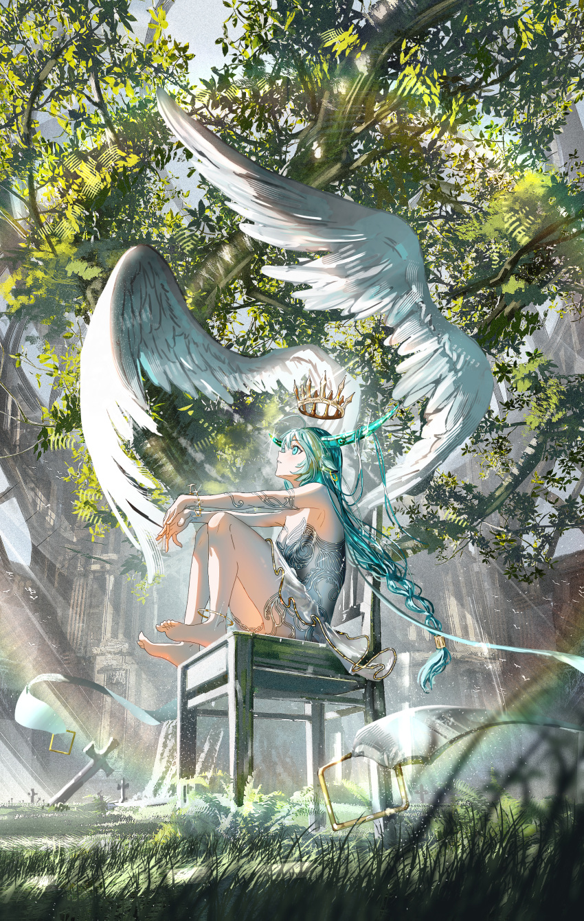 1girl absurdres ahoge angel_wings anklet aqua_eyes aqua_hair architecture armlet armpits bare_shoulders barefoot bracelet braid chair commentary_request cross crown dress feathered_wings floating_crown from_side gawako grass highres horns jewelry leaf long_hair looking_up low-tied_long_hair original outdoors single_braid sitting strapless strapless_dress tree very_long_hair wings