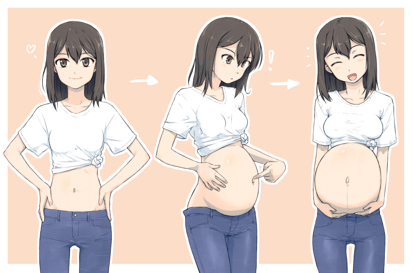 ! 1girl arrow_(symbol) big_belly breasts brown_eyes brown_hair closed_eyes commentary_request commission denim hair_between_eyes hand_on_own_stomach hands_on_own_hips heart highres holding_own_stomach jeans long_hair medium_breasts midriff multiple_views mutou_youshun navel notice_lines open_mouth original outie_navel pants pointing pointing_at_self pregnancy_progression pregnant progression shirt simple_background skeb_commission smile tied_shirt white_shirt