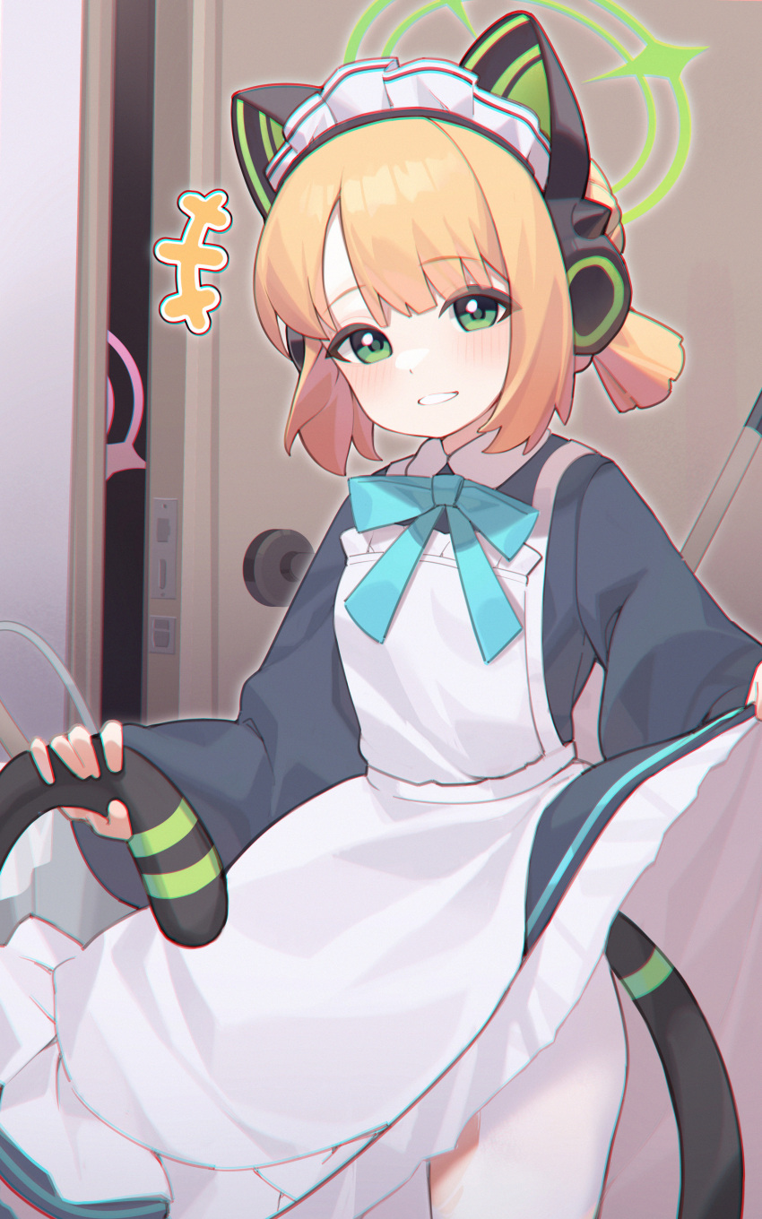 1girl absurdres animal_ear_headphones animal_ears apron bei_qi blonde_hair blue_archive cat_ear_headphones cat_tail clothes_lift collared_dress door dress fake_animal_ears fake_tail green_eyes grin halo headphones highres holding_own_tail long_sleeves looking_at_viewer low_ponytail maid maid_headdress midori_(blue_archive) neck_ribbon pantyhose ribbon short_hair skirt skirt_lift smile solo tail torn_clothes torn_pantyhose