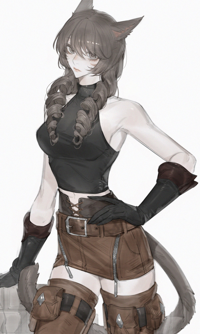 1girl absurdres animal_ears bare_shoulders belt_pouch black_gloves breasts brown_eyes brown_hair brown_skirt brown_thighhighs cat_ears cat_tail closed_mouth contrapposto drill_hair facial_mark final_fantasy final_fantasy_xiv gloves hand_on_own_hip highres large_breasts long_hair looking_at_viewer midriff_peek miniskirt miqo'te navel pouch shirt simple_background skirt sleeveless sleeveless_shirt solo standing tail thighhighs tladpwl03 warrior_of_light_(ff14) whisker_markings white_background