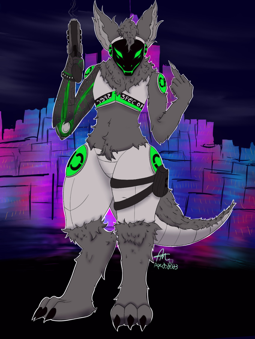 2023 4_eyes amislost anthro armor artist_name biped black_hand black_hands body_hair breastplate c.a.m. canid canine canis chest_fur chest_hair chest_tuft city city_background claws colored cybernetic_arm cybernetic_hand cybernetic_limb cybernetics dated digital_drawing_(artwork) digital_media_(artwork) digitigrade fangs feet fingers fluffy fluffy_ears fluffy_hair fluffy_neck_fur fluffy_tail fur gesture glowing glowing_body glowing_eyes green_body green_eyes grey_body grey_fur grey_hair gun gun_holster hair hand_gesture handgun hi_res jackal looking_at_viewer machine male mammal metal metallic_body middle_finger military multi_eye neck_tuft prosthetic prosthetic_arm prosthetic_hand prosthetic_limb protogen protogen_armor protogen_face protogen_visor protogenized ranged_weapon revolver robotic robotic_arm robotic_hand robotic_limb screen screen_face shaded signature simple_background smile soldier solo special_forces tail tail_tuft teeth toes tuft warrior weapon yuri_chacal
