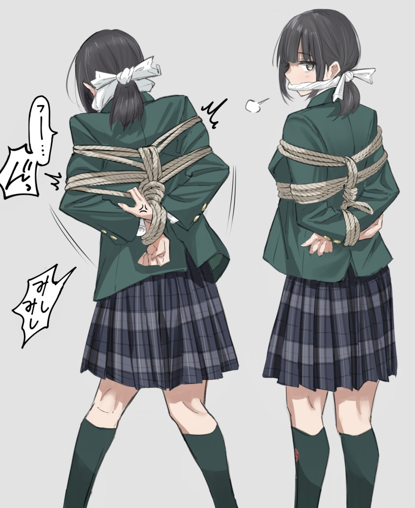1girl anger_vein back black_hair black_thighhighs bound cleave_gag cloth_gag cowboy_shot gag gagged green_suit grey_background highres improvised_gag inside_fuwa long_sleeves looking_at_viewer looking_back low_ponytail original plaid plaid_skirt pleated_skirt puffy_long_sleeves puffy_sleeves rope school_uniform skirt solo suit thighhighs
