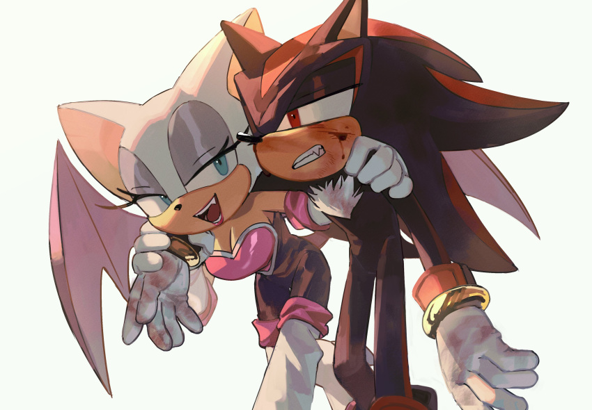 1boy 1girl absurdres bat_wings blue_eyes breasts clenched_teeth commentary_request furry furry_female furry_male gloves hand_on_another's_shoulder highres hyeon_sonic injury korean_commentary medium_breasts red_eyes rouge_the_bat shadow_the_hedgehog simple_background smile sonic_(series) teeth white_background white_gloves wings