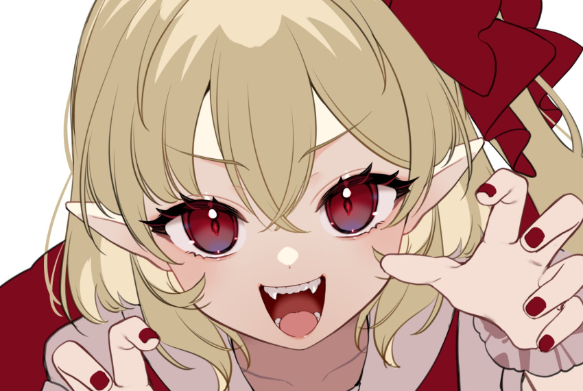 1girl :d blonde_hair claw_pose close-up colored_eyelashes commentary crossed_bangs eyelashes fangs flandre_scarlet hair_between_eyes hair_ribbon hands_up highres light_blush medium_hair nail_polish open_mouth paragasu_(parags112) pointy_ears red_eyes red_nails red_pupils red_ribbon ribbon side_ponytail simple_background slit_pupils smile solo teeth tongue touhou tsurime v-shaped_eyebrows white_background