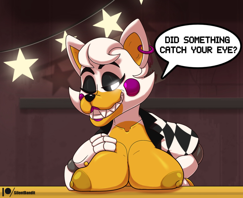 2024 animatronic anthro breast_squish breasts canid canine clothed clothing colored dialogue digital_media_(artwork) ear_piercing ear_ring english_text eyebrows female five_nights_at_freddy's five_nights_at_freddy's_world flashing flashing_breasts fox furniture glowing glowing_eyes hand_on_breast lips lipstick lolbit_(fnaf) looking_at_viewer machine makeup mammal multicolored_body on_model orange_body piercing purple_cheeks ring_piercing robot scottgames shaded shaded_background sharp_teeth silentbandit simple_background sister_location smile solo speech_bubble squish star table teeth text thick_eyebrows topless topless_anthro topless_female topwear white_body