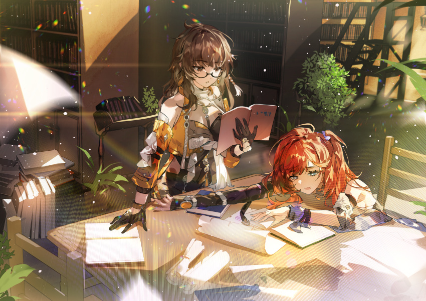 2girls absurdres arm_ribbon arm_support bare_shoulders black-framed_eyewear black_gloves black_shorts blue_eyes book book_stack bookshelf braid brown_eyes brown_hair chair crop_top cropped_jacket detached_sleeves earrings elbow_gloves entropy_(honkai_impact_3rd) eyelashes female_dreamseeker_(honkai_impact) fingerless_gloves flower_pot glasses gloves hair_intakes hand_up highres holding holding_book honkai_(series) honkai_impact_3rd indoors jacket jewelry ladder library light_particles long_hair looking_at_another multiple_girls on_chair one_side_up open_book open_clothes open_jacket open_mouth orange_jacket orange_sleeves paper paper_stack parted_bangs parted_lips plant potted_plant railing red_hair ribbon scroll semi-rimless_eyewear senadina_(honkai_impact) shorts side_braid sidelocks single_braid single_earring single_glove sitting sleeveless sleeveless_jacket standing swept_bangs table under-rim_eyewear wrist_ribbon zishengtian123