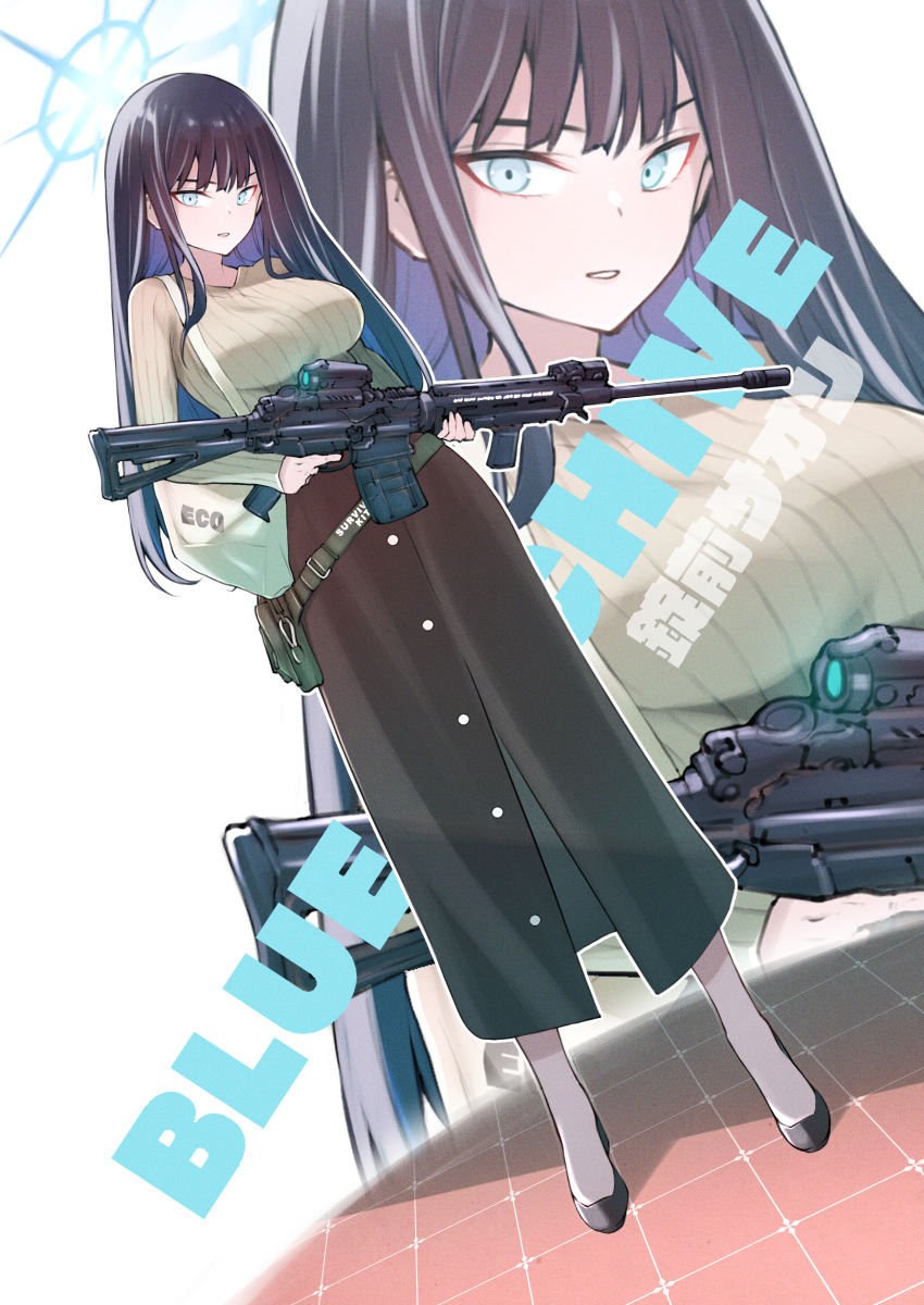 1girl absurdres alternate_costume assault_rifle bag black_footwear black_hair blue_archive blue_eyes blue_halo breasts brown_skirt character_name full_body grey_sweater gun halo highres holding holding_gun holding_weapon kojima_takeshi large_breasts long_hair long_sleeves looking_at_viewer open_mouth pantyhose ribbed_sweater rifle saori_(blue_archive) shoes sig_516 sig_sauer skirt solo standing sweater weapon white_pantyhose zoom_layer