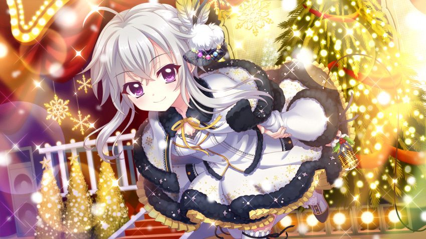 1girl ahoge arms_behind_back black_trim breasts capelet christmas christmas_lights christmas_tree cleavage closed_mouth concert dot_nose dutch_angle feather_hair_ornament feathers fence film_grain game_cg gold_trim grey_hair hair_ornament holding holding_microphone holly ichijou_ruka idol idol_clothes izumi_tsubasu leaning_forward lens_flare looking_at_viewer microphone non-web_source official_art purple_eyes re:stage! ribbon shoes short_hair_with_long_locks small_breasts smile snowflake_ornament solo sparkle speaker stage stage_lights stairs standing standing_on_one_leg thighhighs white_capelet white_feathers white_footwear white_thighhighs yellow_ribbon