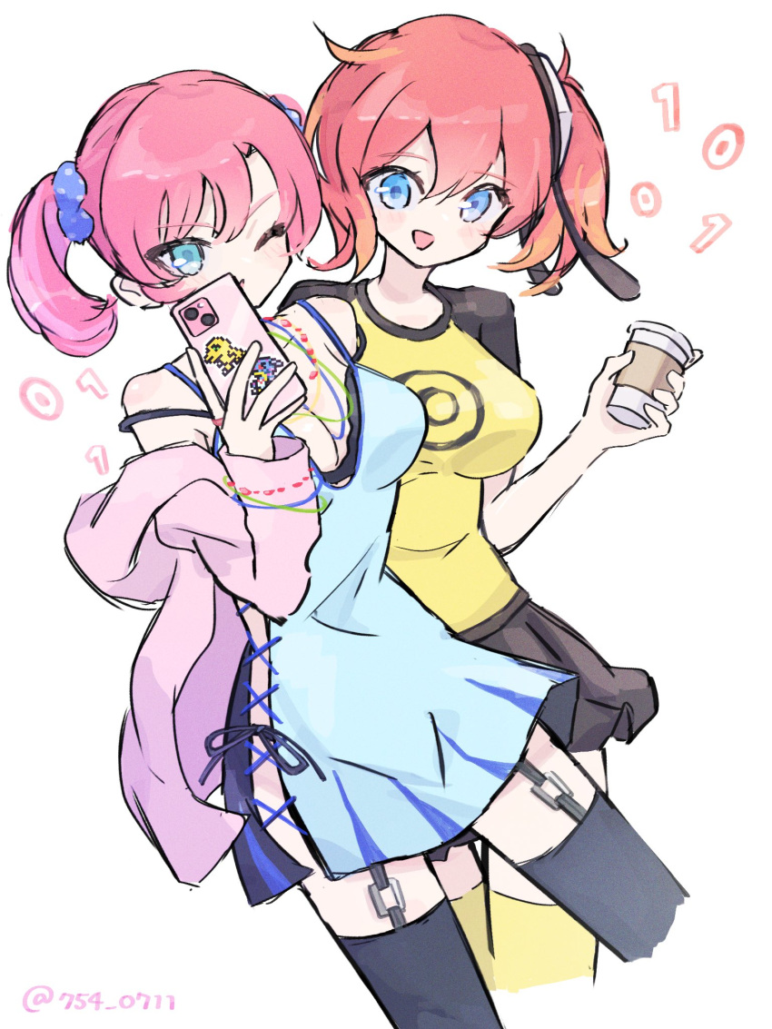 2girls agumon aiba_ami bare_shoulders black_bra black_shirt black_skirt black_thighhighs blue_camisole blue_eyes bra breasts camisole cleavage coffee_cup cowboy_shot cross-laced_clothes cup digimon digimon_story:_cyber_sleuth disposable_cup gabumon garter_straps goggles goggles_on_head highres holding holding_cup holding_phone hood hooded_jacket jacket medium_breasts medium_hair multiple_girls nagoshi no_nose off_shoulder one_eye_closed one_side_up phone pink_hair pink_jacket pleated_skirt red_hair shiramine_nokia shirt sideless_outfit simple_background sketch skirt spaghetti_strap sprite thighhighs twintails twitter_username two-tone_shirt underwear white_background yellow_shirt yellow_thighhighs