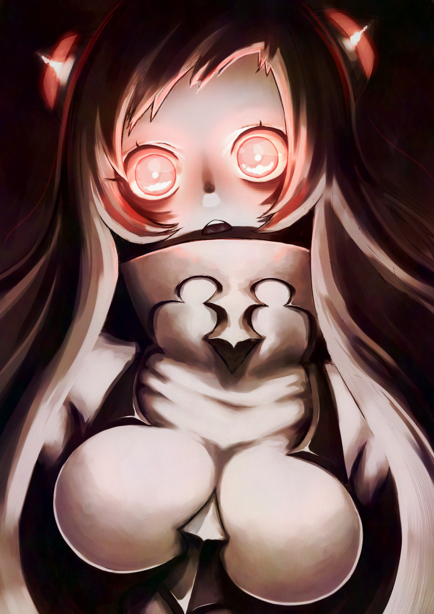 1girl absurdres abyssal_ship airfield_princess breasts colored_skin commentary_request glowing glowing_eyes highres horns kantai_collection medium_breasts open_mouth red_eyes solo striped_horns tsukuan upper_body white_hair white_skin