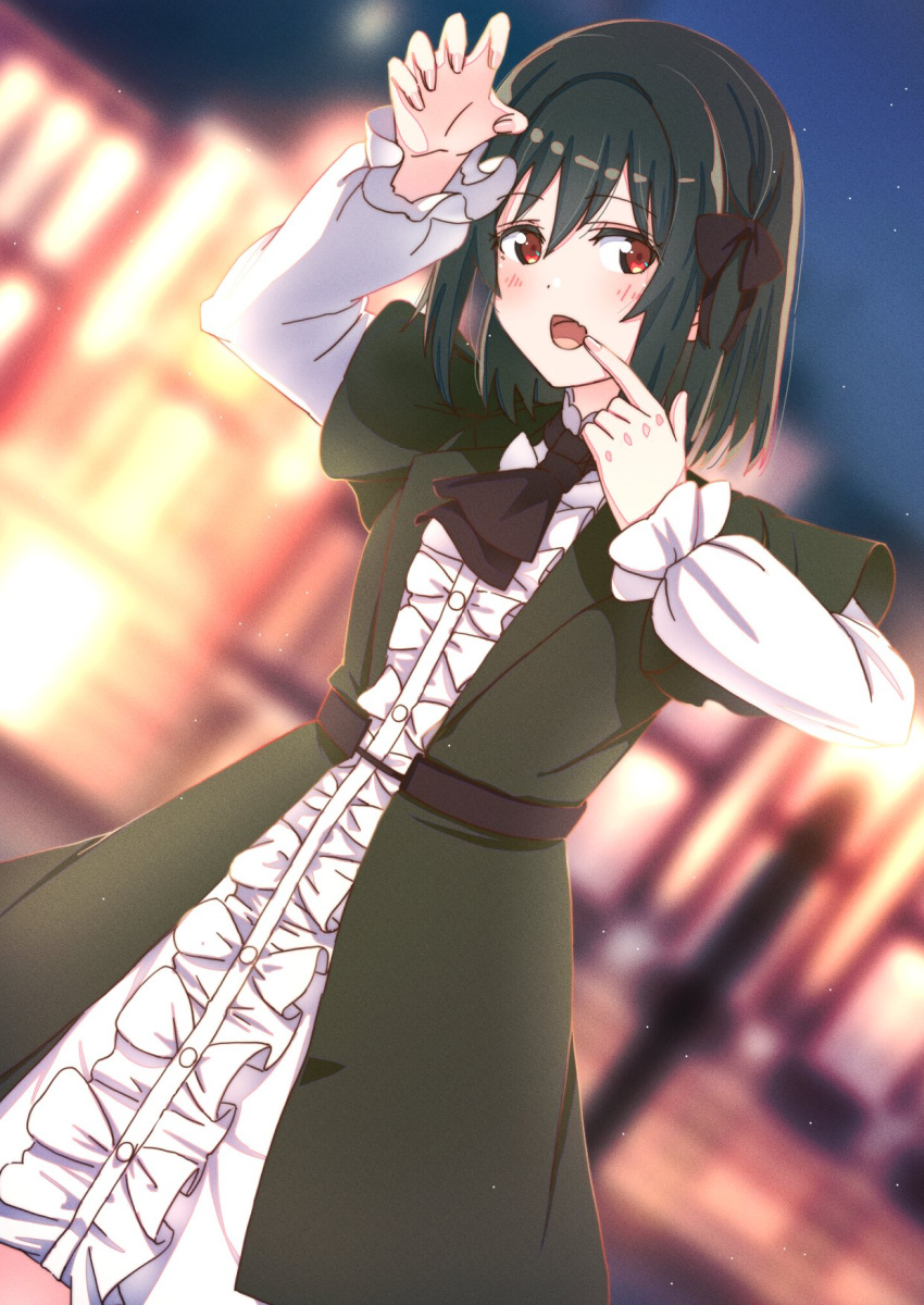 1girl ajapar ascot black_ascot black_hair black_ribbon blurry blurry_background blush claw_pose commentary_request dress dutch_angle fang finger_in_own_mouth frilled_sleeves frills green_jacket hair_between_eyes hair_ribbon hand_up highres jacket koufukuron_(love_live!) long_sleeves looking_at_viewer love_live! love_live!_nijigasaki_high_school_idol_club mifune_shioriko open_mouth red_eyes ribbon short_hair skin_fang solo standing upper_body white_dress