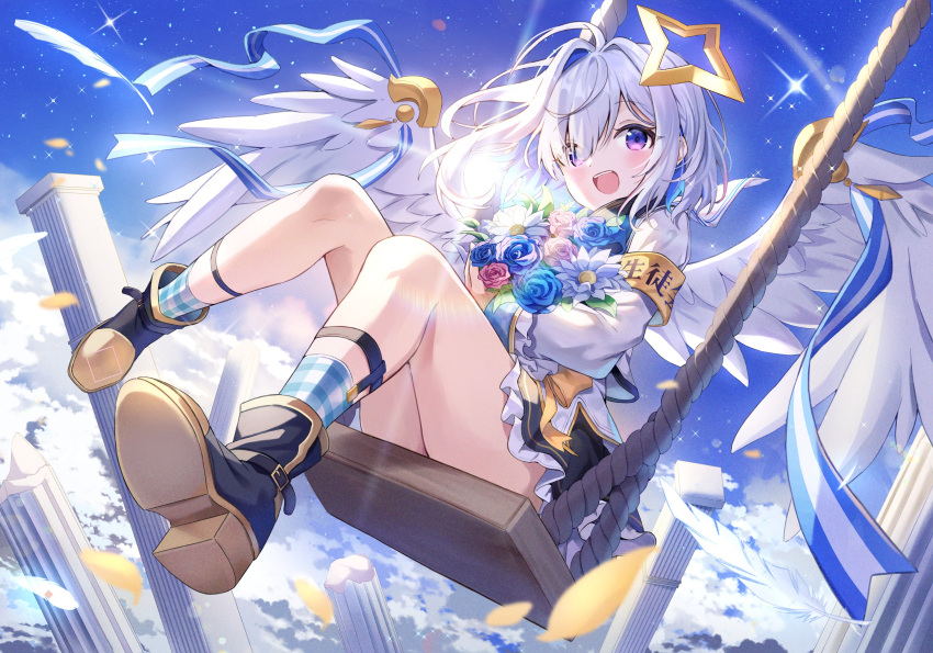 1girl absurdres amane_kanata amane_kanata_(1st_costume) angel_wings armband black_footwear black_skirt blue_hair blue_sky blush boots bouquet cloud colored_inner_hair commentary_request feathered_wings flower frilled_skirt frills grey_hair halo hanen_(borry) highres holding holding_bouquet hololive long_sleeves looking_at_viewer medium_hair miniskirt multicolored_hair open_mouth purple_eyes shirt single_hair_intake sitting skirt sky sleeve_cuffs solo star_halo swing virtual_youtuber white_shirt wings