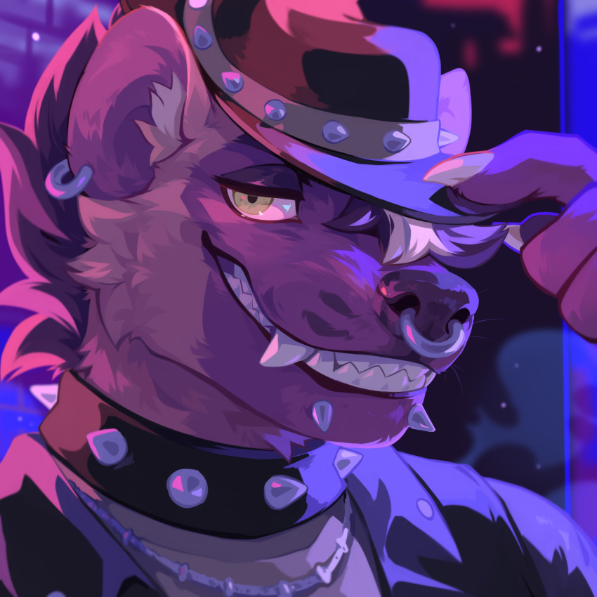 1:1 anthro black_collar brown_body brown_clothing brown_fur brown_hair brown_hat brown_headwear bust_portrait canid cheek_tuft clothed clothing collar corzh77 ear_piercing ear_ring facial_piercing facial_tuft fangs fur grin hair hair_over_eye hat headgear headwear hi_res lip_piercing looking_at_viewer male mammal multiple_piercings nose_piercing one_eye_obstructed piercing portrait ring_piercing septum_piercing smile snakebite_piercing solo spiked_collar spikes tan_body tan_eyes tan_fur teeth tuft