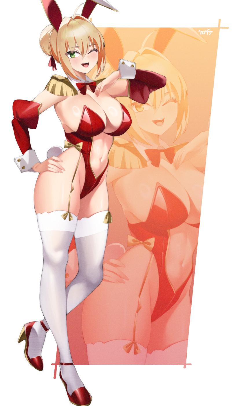 1girl absurdres ahoge blonde_hair bow breasts detached_collar detached_sleeves epaulettes fate/grand_order fate_(series) garter_straps green_eyes hair_bun hair_intakes hand_on_own_chest high_heels highres kurozawa_yui large_breasts navel nero_claudius_(fate) nero_claudius_(saber_venus)_(fate) one_eye_closed red_bow smile solo standing standing_on_one_leg thighhighs white_thighhighs