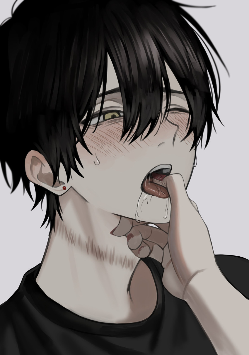 1boy absurdres akanei6no_sora black_hair blush commentary drooling earrings finger_in_another's_mouth highres jewelry male_focus nail_polish nose_blush one_eye_closed open_mouth original portrait saliva scar scar_on_neck short_hair solo_focus sweat tongue tongue_out wince