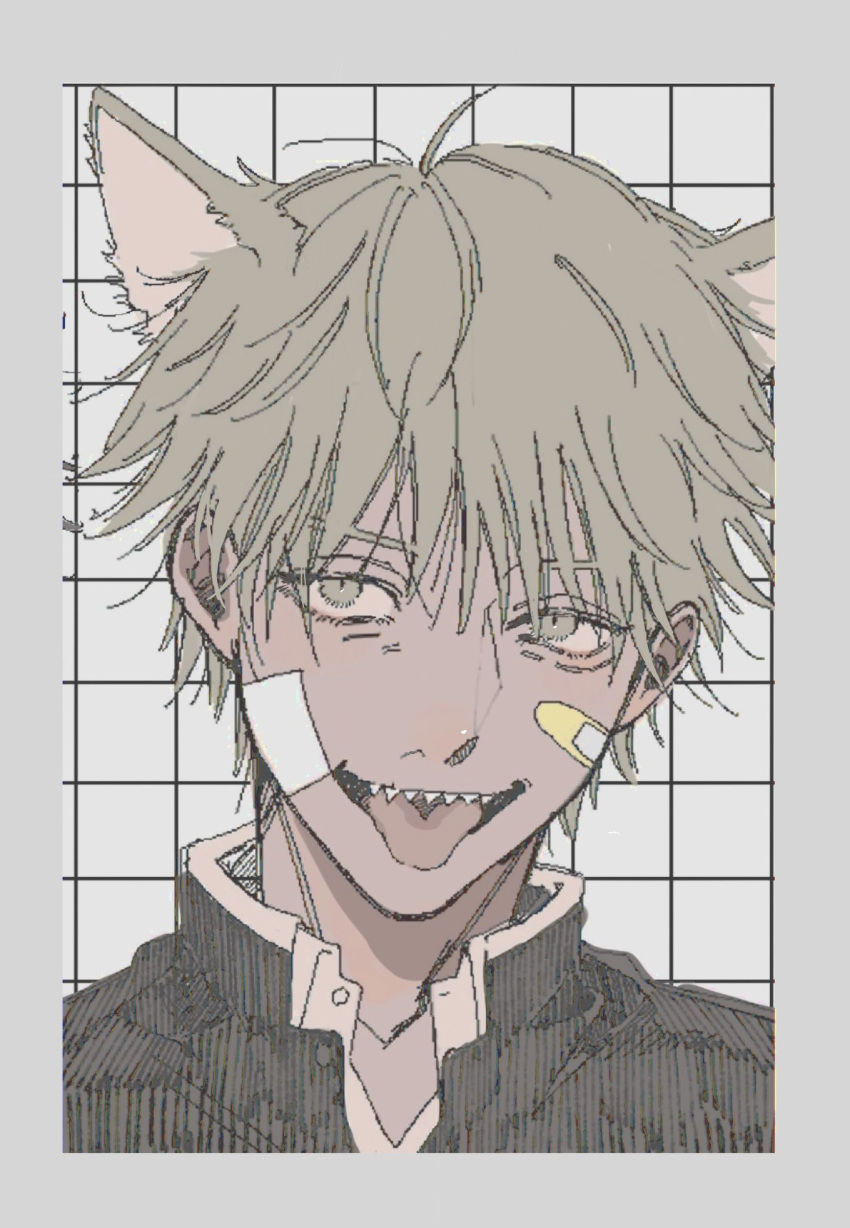 1boy animal_ears bandaid bandaid_on_face black_jacket blonde_hair border cat_ears chainsaw_man denji_(chainsaw_man) extra_ears facing_viewer grey_background grey_border highres jacket male_focus namida_a2 open_mouth portrait sharp_teeth smile solo teeth tongue tongue_out yellow_eyes