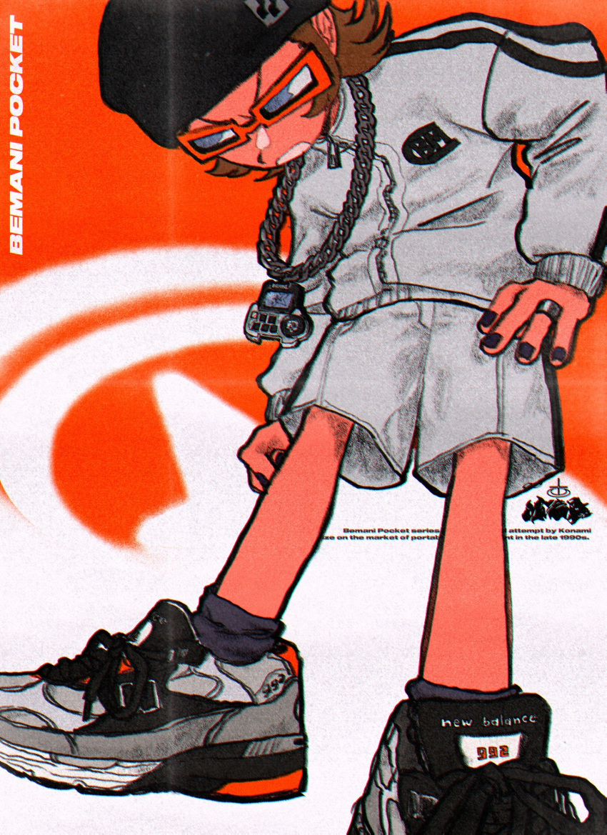 1boy amenoichi beanie black_hat black_nails brown_hair chain_necklace grey_footwear grey_jacket grey_shorts grey_socks hat highres jacket jewelry leaning_forward looking_down male_focus mzd necklace pop'n_music red-framed_eyewear shoes short_hair shorts silver_ring sneakers socks solo