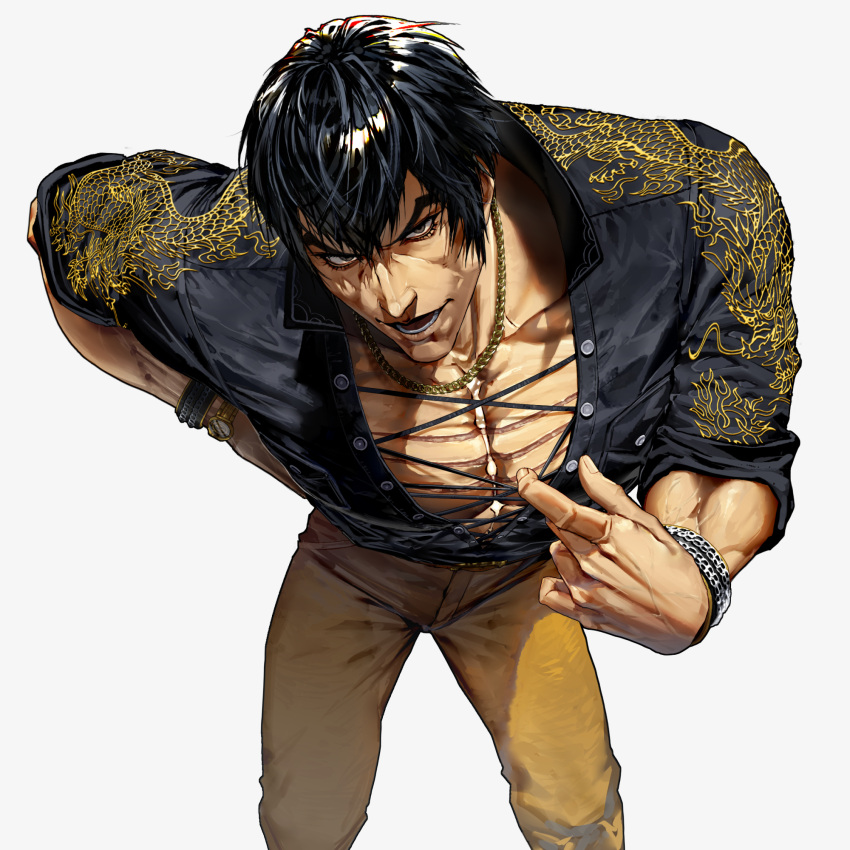 1boy bara clothes_pull collared_shirt feet_out_of_frame foreshortening highres houjoh_(7th-heaven) large_pectorals leaning_forward looking_at_viewer male_focus marshall_law muscular muscular_male pants pectoral_cleavage pectorals pulled_by_self seductive_smile shirt shirt_pull short_hair smile solo tekken tekken_7 thick_eyebrows tsurime white_background