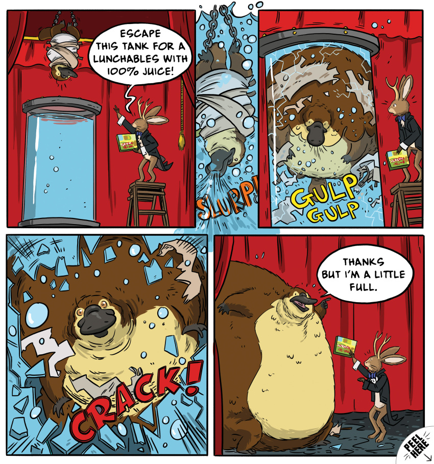 2016 absurd_res antlers belly big_belly black_border bloated body_expansion border comic curtains curtains_open english_text glass glass_cracking hi_res horn huge_belly inflation jackalope ladder lagomorph liquid_inflation lunchables mammal mark_wetzel monotreme official_art onomatopoeia platypus sound_effects speech_bubble text water water_inflation