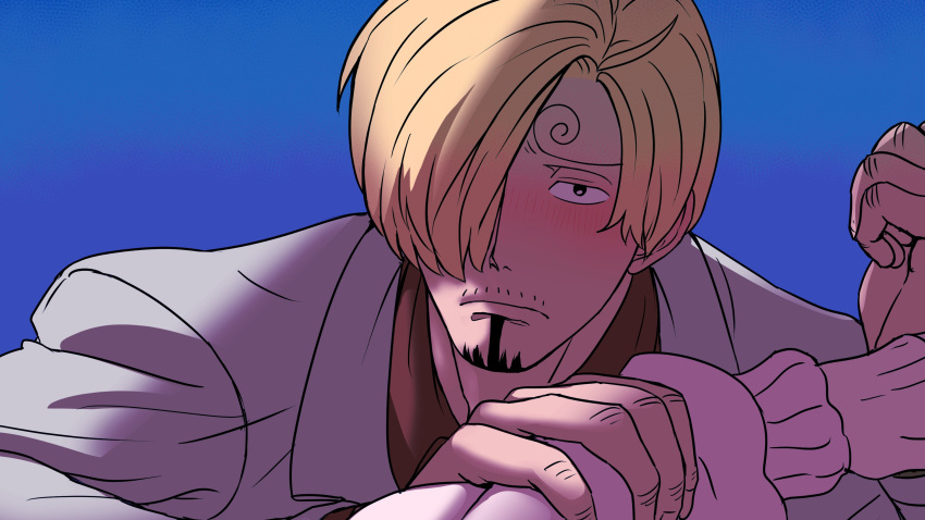 1boy 1girl absurdres blonde_hair blue_eyes blush charlotte_pudding closed_mouth curly_eyebrows facial_hair hair_over_one_eye highres holding_another's_wrist jacket long_sleeves one_piece pink_sweater puffy_sleeves rita_ya sad sanji_(one_piece) shirt short_hair sweater worried