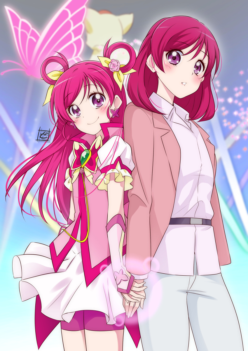 2girls absurdres artist_logo back-to-back back_bow bike_shorts bike_shorts_under_skirt blazer blouse blurry blurry_background bow bug butterfly butterfly_brooch butterfly_earrings closed_mouth coco_(yes!_precure_5) collared_shirt commentary_request cure_dream depth_of_field earrings frilled_sleeves frills gloves glowing_butterfly hair_ribbon half_gloves highres holding_hands jacket jewelry kibou_no_chikara_~otona_precure_'23~ light_particles light_rays long_hair looking_at_viewer magical_girl medium_hair miniskirt multiple_girls pants parted_lips partial_commentary pink_bow pink_hair pink_jacket pink_shorts popped_collar precure puffy_short_sleeves puffy_sleeves purple_eyes revision ribbon shirt short_sleeves shorts skirt smile standing time_paradox two_side_up white_gloves white_pants white_shirt white_skirt yellow_ribbon yes!_precure_5 yes!_precure_5_gogo! yumehara_nozomi zero-theme