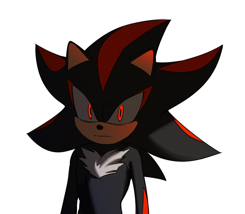 1boy absurdres commentary english_commentary furry furry_male glowing glowing_eyes highres hyeon_sonic looking_at_viewer male_focus red_eyes shadow_the_hedgehog simple_background solo sonic_(series) upper_body white_background