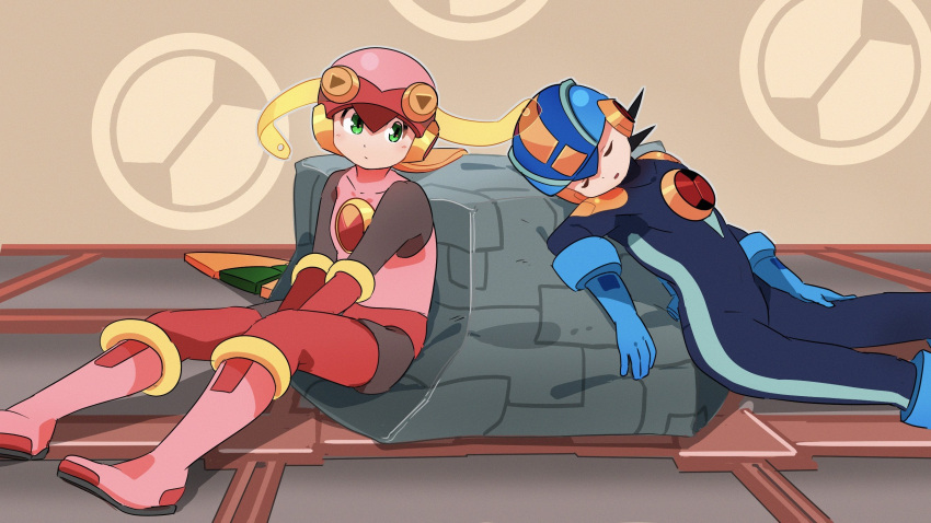 1boy 1girl 3suisousui arms_between_legs black_bodysuit blonde_hair blue_bodysuit blue_helmet bodysuit brown_hair closed_eyes green_eyes helmet highres leotard long_hair mega_man_(series) mega_man_battle_network_(series) megaman.exe netnavi pink_helmet pink_leotard roll.exe_(mega_man) short_hair sleeping spiked_hair