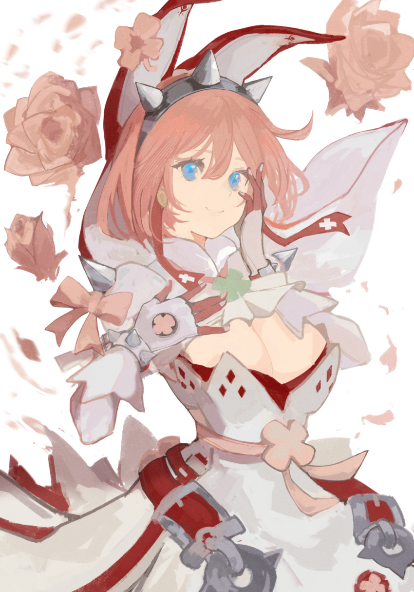 1girl animal_ears black_hairband blue_eyes breasts cleavage cowboy_shot dress elphelt_valentine fake_animal_ears flower gloves guilty_gear guilty_gear_xrd hairband hand_on_own_face highres large_breasts levvellevvel pink_hair rabbit_ears rose short_hair simple_background smile solo spiked_hairband spikes veil white_background white_dress white_gloves