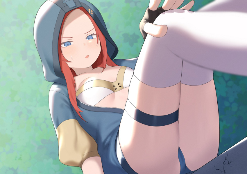 1girl animification apex_legends ash_(titanfall_2) ash_(titanfall_2)_(cosplay) ashleigh_reid black_gloves blue_eyes blue_hoodie blue_panties blush bra breasts brown_hair collarbone cosplay fingerless_gloves gloves highres hood hood_up hoodie long_hair looking_at_viewer nagoooon_114 open_mouth panties sitting skindentation small_breasts solo thigh_strap thighhighs underwear v-shaped_eyebrows white_bra white_thighhighs