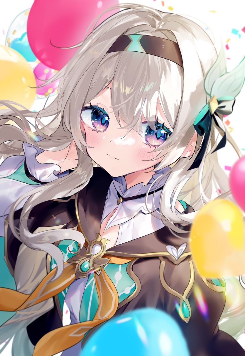 1girl balloon black_hairband black_jacket blue_pupils blush breasts closed_mouth cropped_jacket firefly_(honkai:_star_rail) gen_arare grey_hair hair_between_eyes hair_intakes hairband hand_up highres honkai:_star_rail honkai_(series) jacket long_hair looking_to_the_side medium_breasts neckerchief purple_eyes sidelocks solo tucking_hair two-tone_eyes white_background yellow_neckerchief