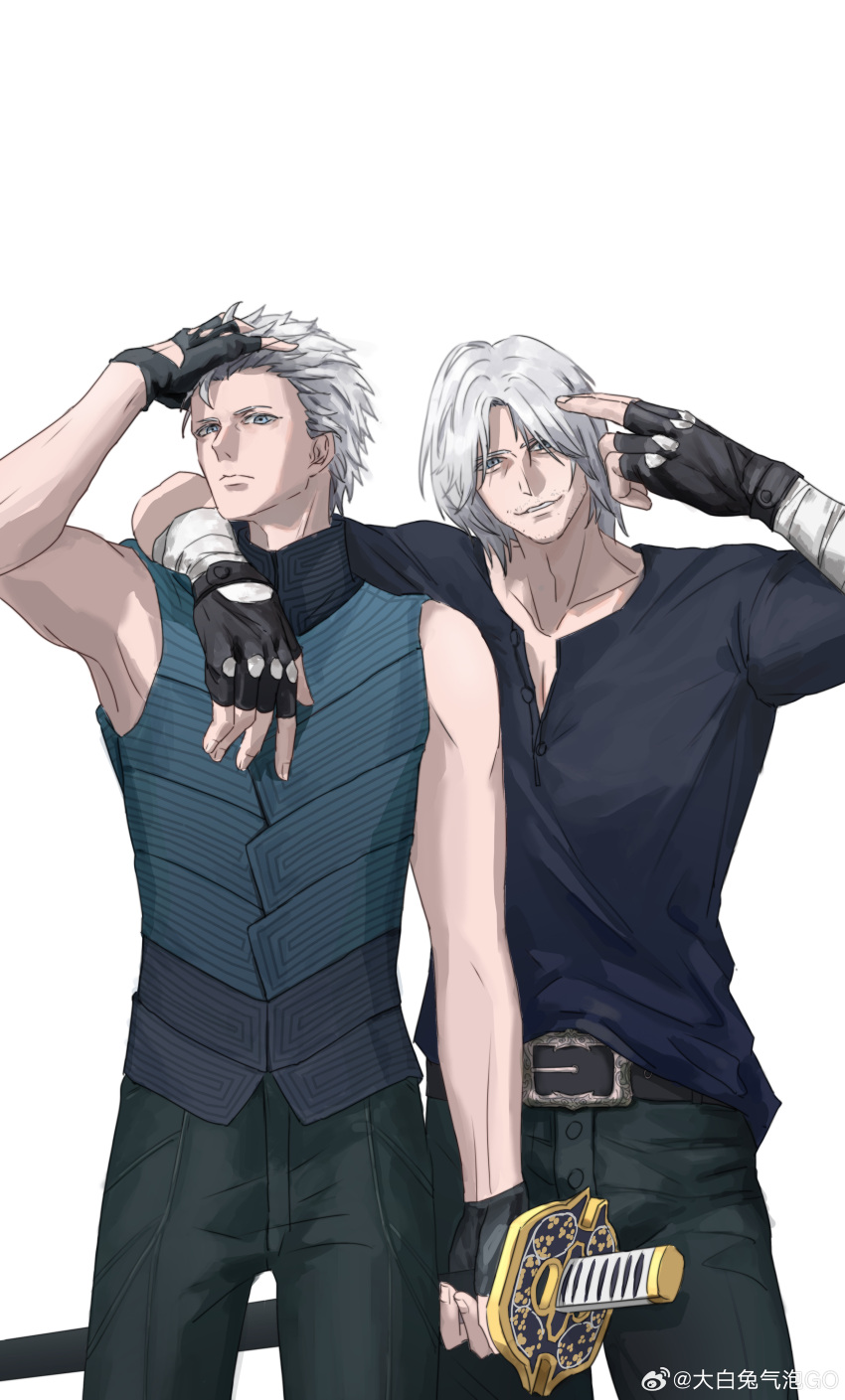 2boys absurdres bishounen black_gloves blue_eyes brothers dante_(devil_may_cry) devil_may_cry_(series) devil_may_cry_5 facial_hair fingerless_gloves gloves highres holding looking_at_viewer male_focus multiple_boys shirt siblings simple_background sleeveless smile sword twins vergil_(devil_may_cry) weapon white_hair yamato_(sword)