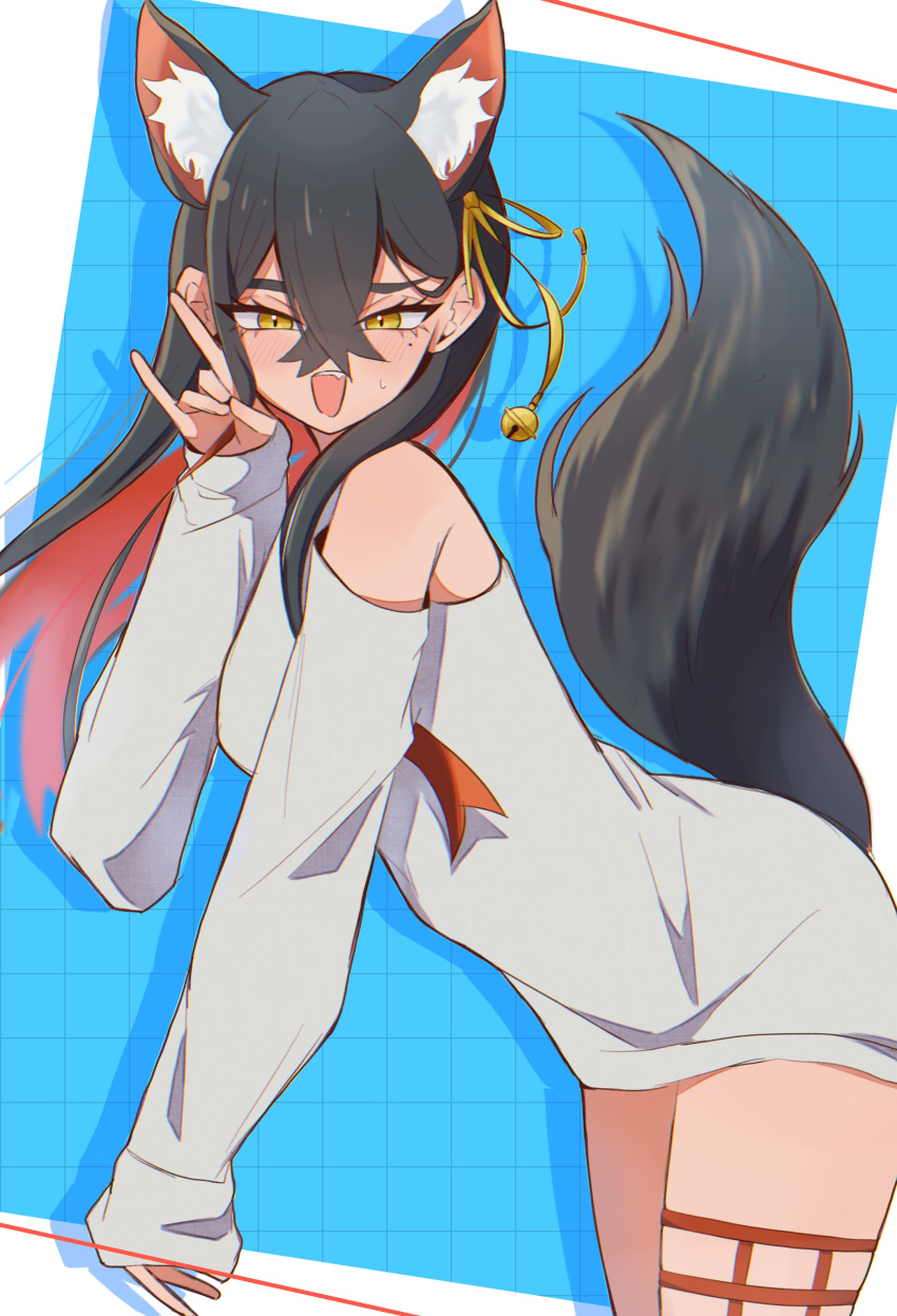 1girl :d \m/ absurdres animal_ear_fluff black_hair blue_background blush border carmine_(pokemon) colored_inner_hair commentary_request crossed_bangs eyelashes grey_shirt grid_background hair_between_eyes hasu_175 highres kemonomimi_mode leaning_forward looking_at_viewer mole mole_under_eye multicolored_hair open_mouth outside_border pokemon pokemon_sv red_hair shirt simple_background sleeves_past_wrists smile solo sweat tail two-tone_hair white_border yellow_eyes