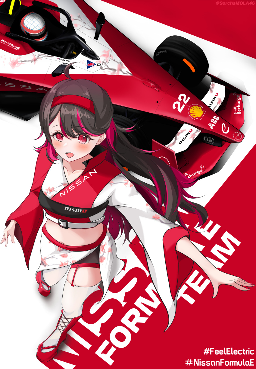 1boy 1girl absurdres black_shorts boots car floating_hair formula_e formula_racer from_above garter_straps hairband helmet highres hiroki_tanabe long_hair midriff motor_vehicle multicolored_hair navel nismo nissan oliver_roland open_mouth personification race_vehicle racecar real_life red_eyes red_footwear red_hair red_hairband shell_(company) shirt shorts smile streaked_hair thighhighs vehicle_and_personification very_long_hair white_shirt white_thighhighs wide_sleeves