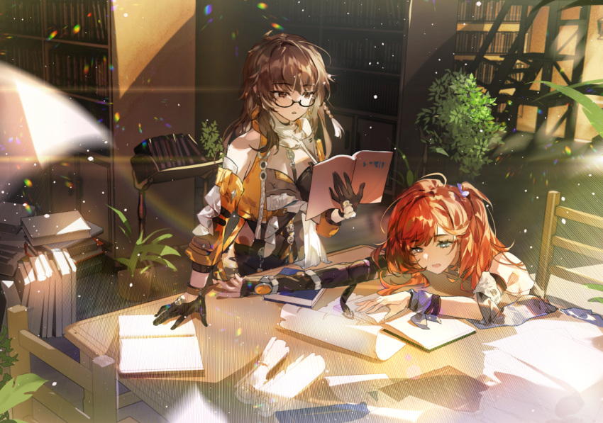 2girls arm_ribbon arm_support bare_shoulders black-framed_eyewear black_gloves black_shorts blue_eyes book book_stack bookshelf braid brown_eyes brown_hair chair chinese_commentary commentary_request crop_top cropped_jacket detached_sleeves earrings elbow_gloves entropy_(honkai_impact_3rd) eyelashes female_dreamseeker_(honkai_impact) fingerless_gloves flower_pot glasses gloves hair_intakes hand_up holding holding_book honkai_(series) honkai_impact_3rd indoors jacket jewelry ladder library light_particles long_hair looking_at_another multiple_girls on_chair one_side_up open_book open_clothes open_jacket open_mouth orange_jacket orange_sleeves paper paper_stack parted_bangs parted_lips plant potted_plant railing red_hair ribbon scroll semi-rimless_eyewear senadina_(honkai_impact) shorts side_braid sidelocks single_braid single_earring single_glove sitting sleeveless sleeveless_jacket standing swept_bangs table under-rim_eyewear wrist_ribbon zishengtian123