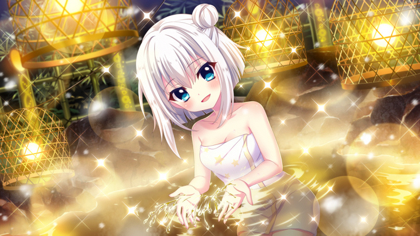 1girl bamboo blue_eyes breasts cage cleavage collarbone dot_nose dutch_angle film_grain game_cg hair_bun head_tilt izumi_tsubasu lens_flare looking_at_viewer naked_towel night nishidate_haku non-web_source official_art onsen open_mouth partially_submerged print_towel re:stage! short_hair sidelocks single_side_bun sitting small_breasts smile solo sparkle splashing star_(symbol) star_print towel white_hair white_towel